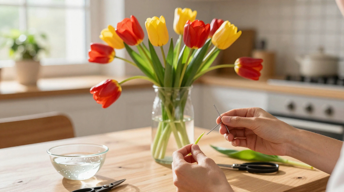 Pessoa a preparar flores tulipas vermelhas e amarelas num vaso transparente numa cozinha luminosa.