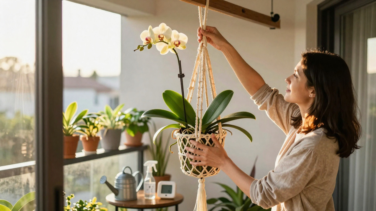 Mulher a cuidar de orquídea suspensa em varanda iluminada com várias plantas em vasos.