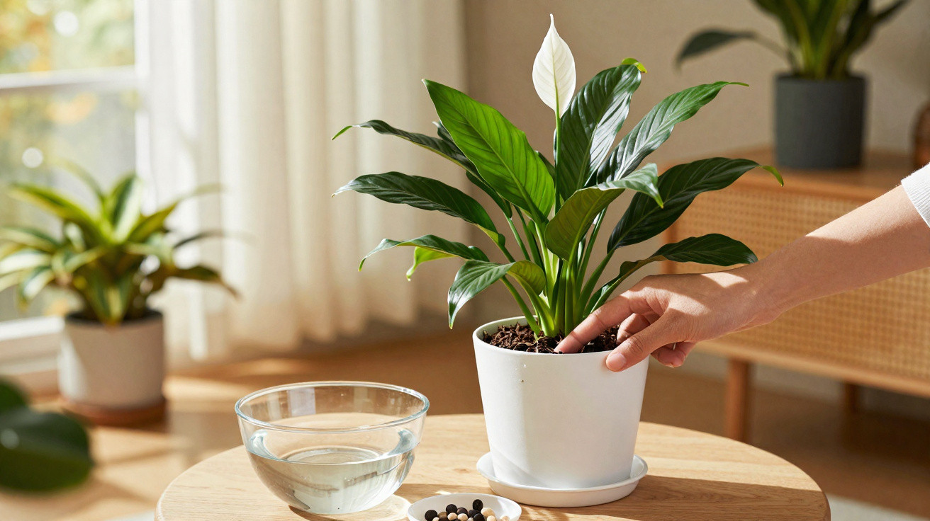 Mão a cuidar de uma planta com folhas verdes e flor branca num vaso branco numa mesa com água e fertilizantes.