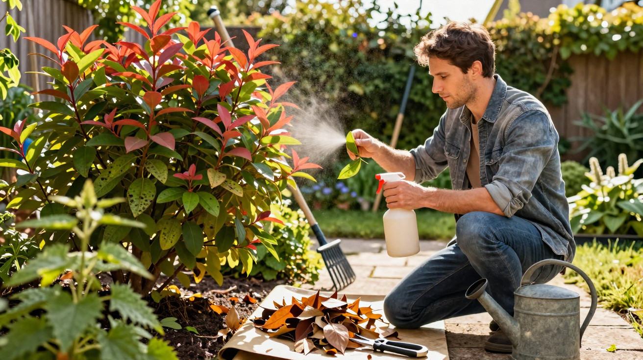Homem a pulverizar folhas de uma planta num jardim ensolarado, rodeado de ferramentas de jardinagem.