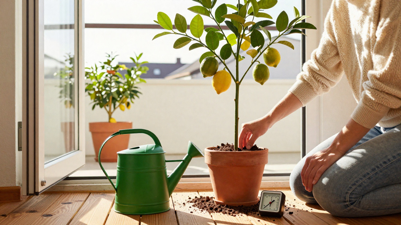 Pessoa a cuidar de uma planta de limão num vaso, junto a um regador verde, com luz natural pela varanda aberta.