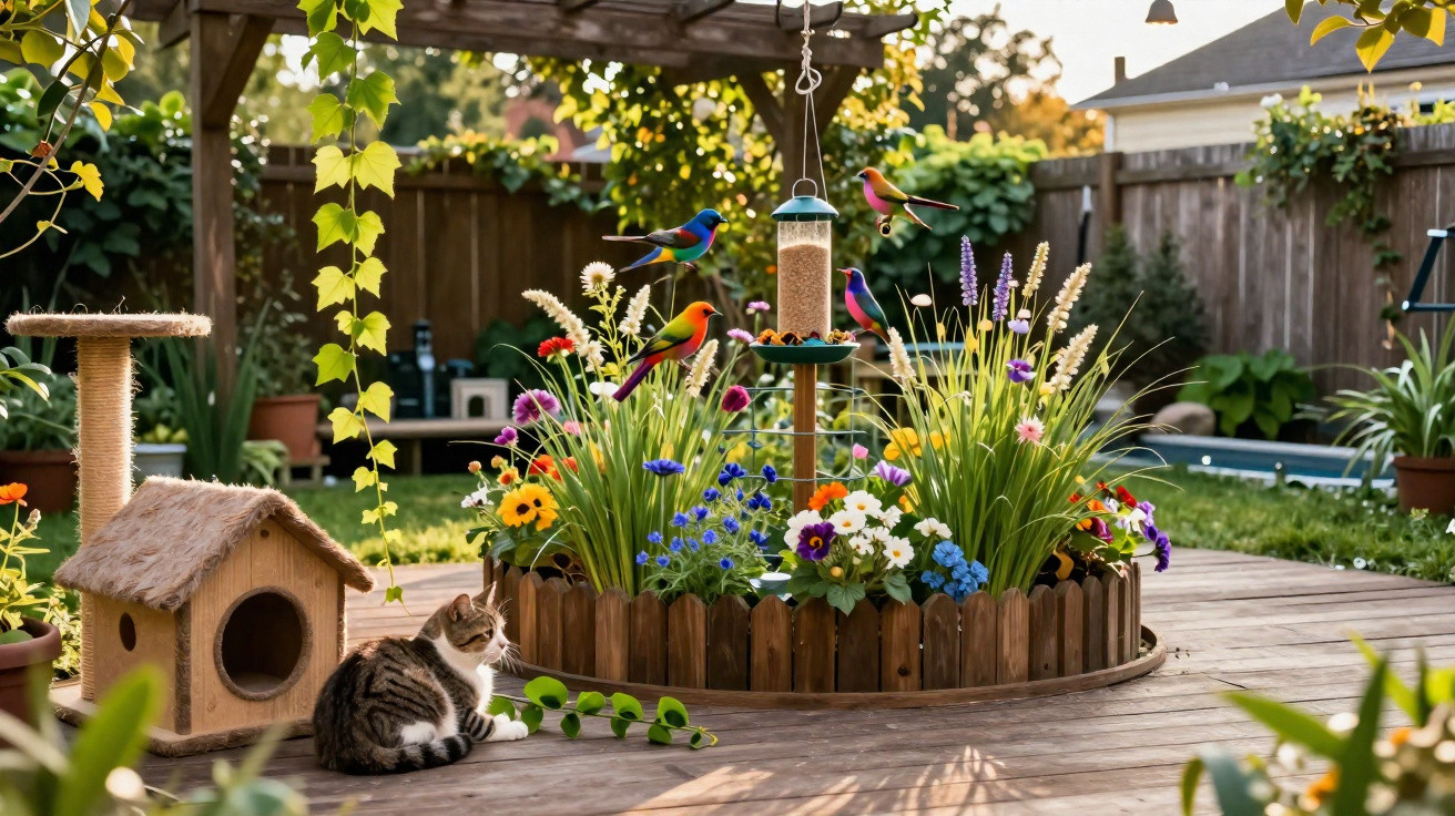 Gato sentado junto a casinha observa pássaros coloridos a alimentar-se num jardim florido e arredondado.