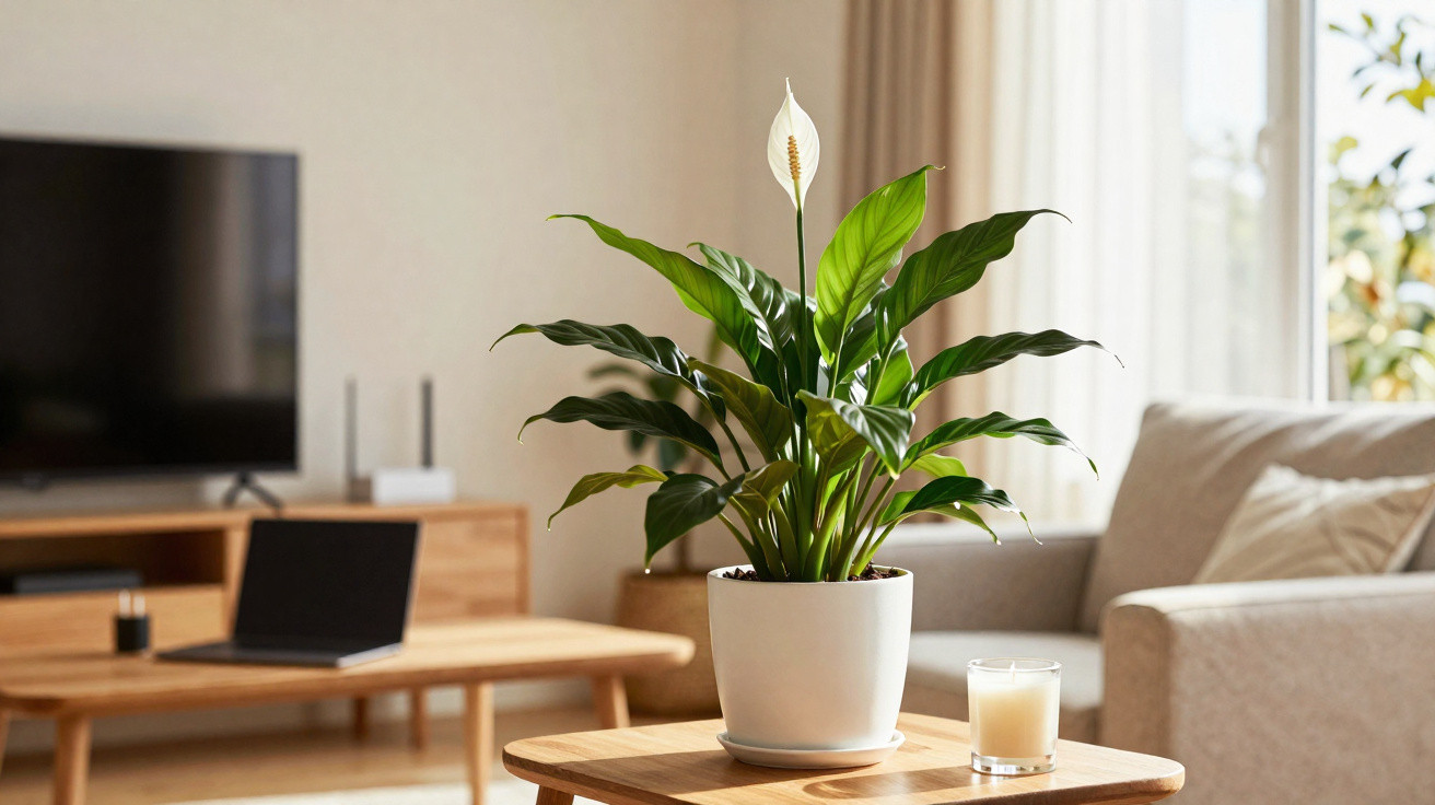 Planta com folhas verdes e flor branca num vaso branco sobre mesa de madeira numa sala iluminada.