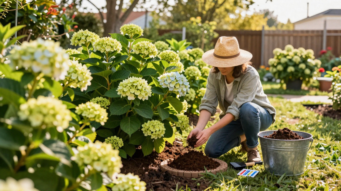 Mulher a jardinar hortênsias num jardim ensolarado, usando chapéu de palha e roupa casual.