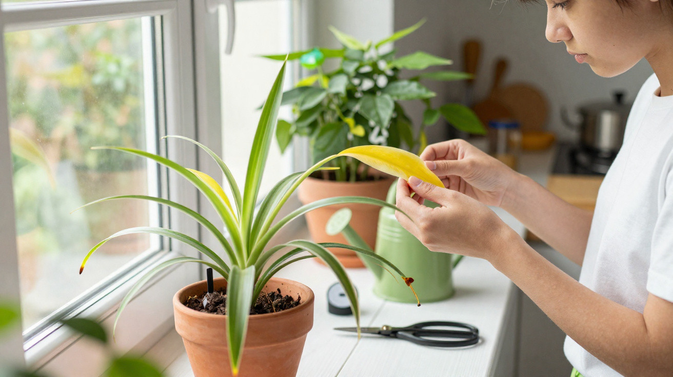 Pessoa a remover folha amarela de planta perto da janela numa sala bem iluminada.