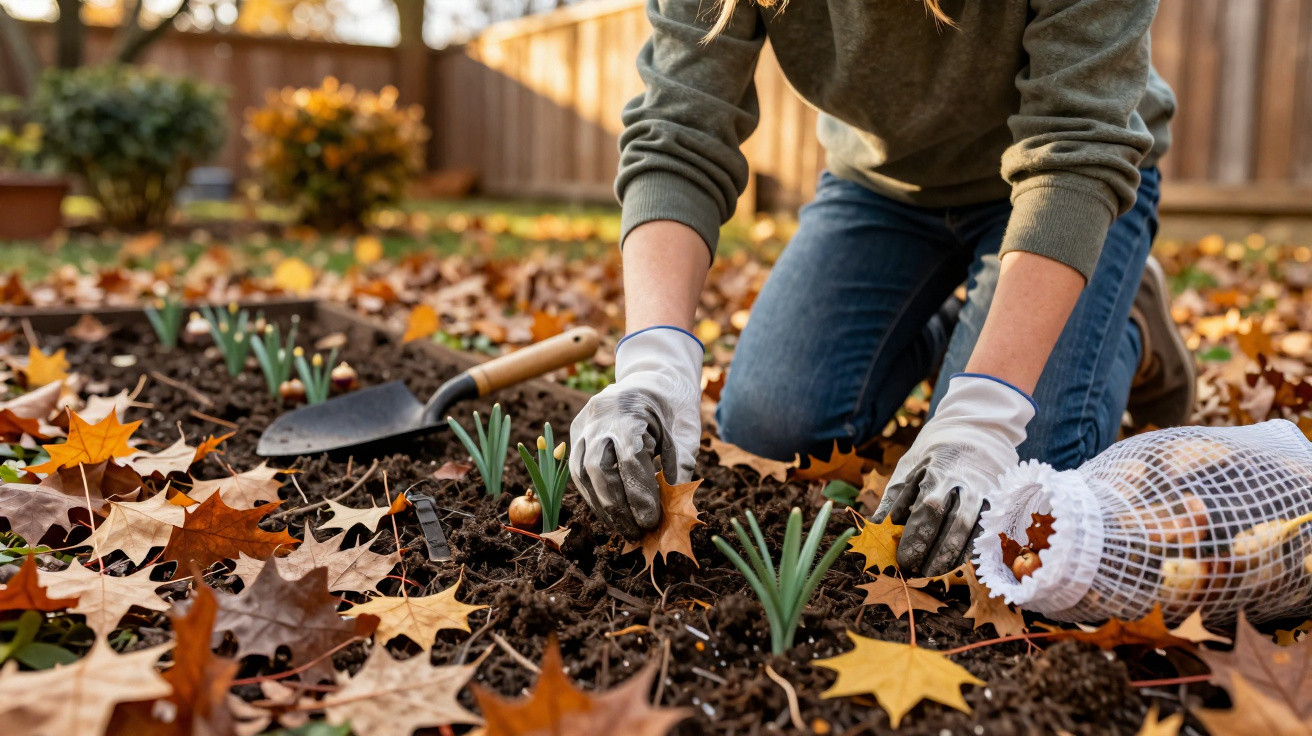 Pessoa a plantar cebolas verdes na terra com luvas, folhas de outono espalhadas pelo chão.