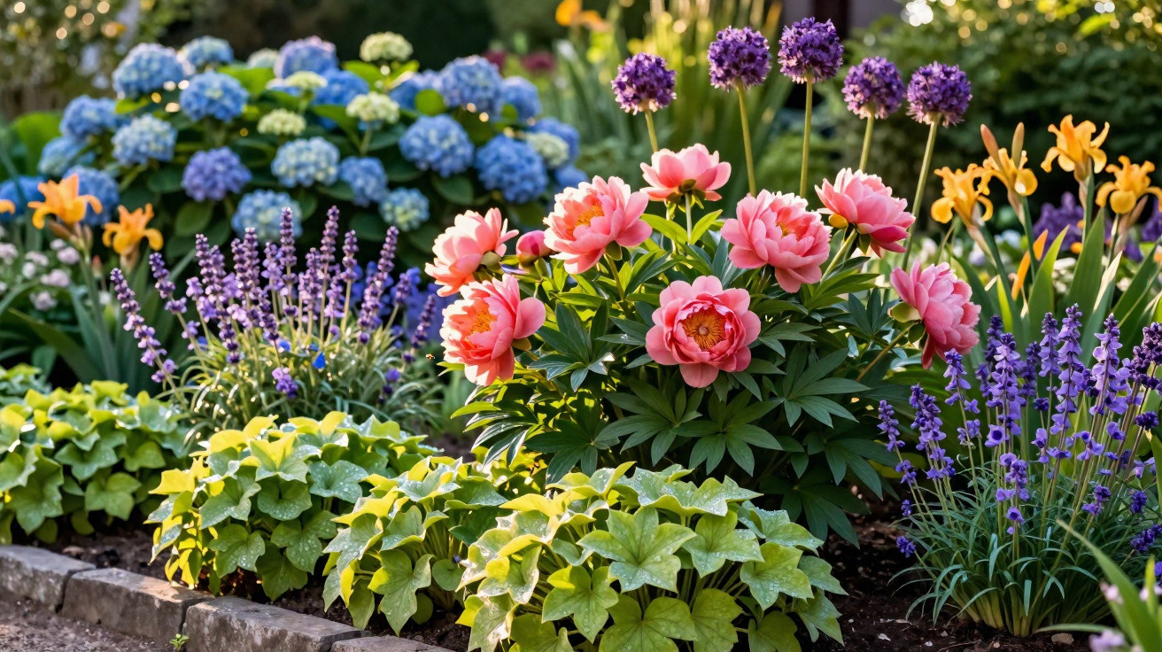 Jardim com peónias cor-de-rosa, hortênsias azuis, lavandas e outras flores coloridas em plena floração.