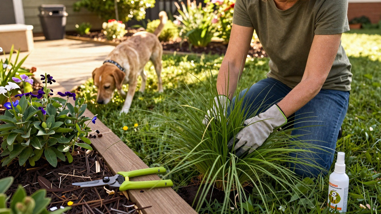 Pessoa a cuidar de plantas num jardim com cão a cheirar a relva ao fundo.
