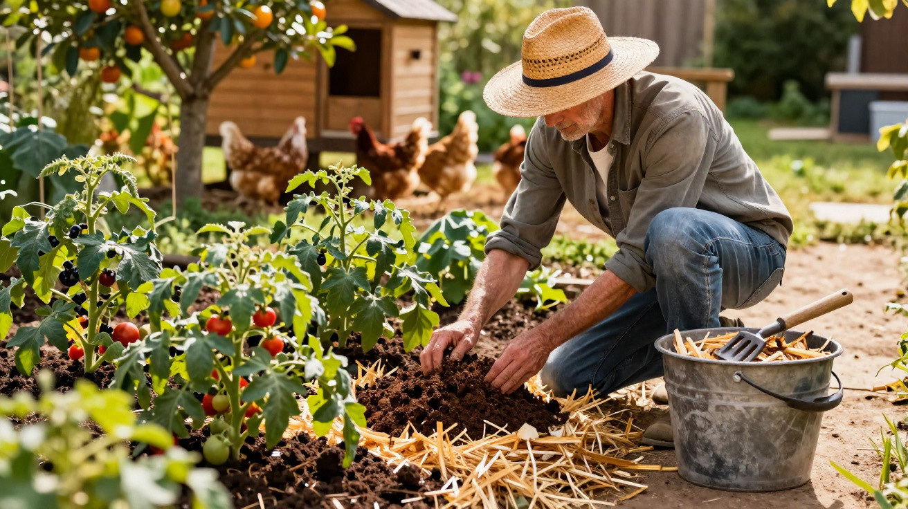 Homem com chapéu a cuidar de plantas num jardim com galinhas e viveiro ao fundo.
