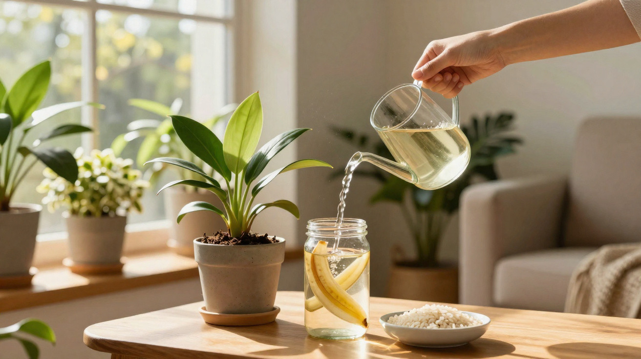 Pessoa a despejar água de jarro de vidro num copo com rodelas de banana numa mesa com plantas em ambiente luminoso.
