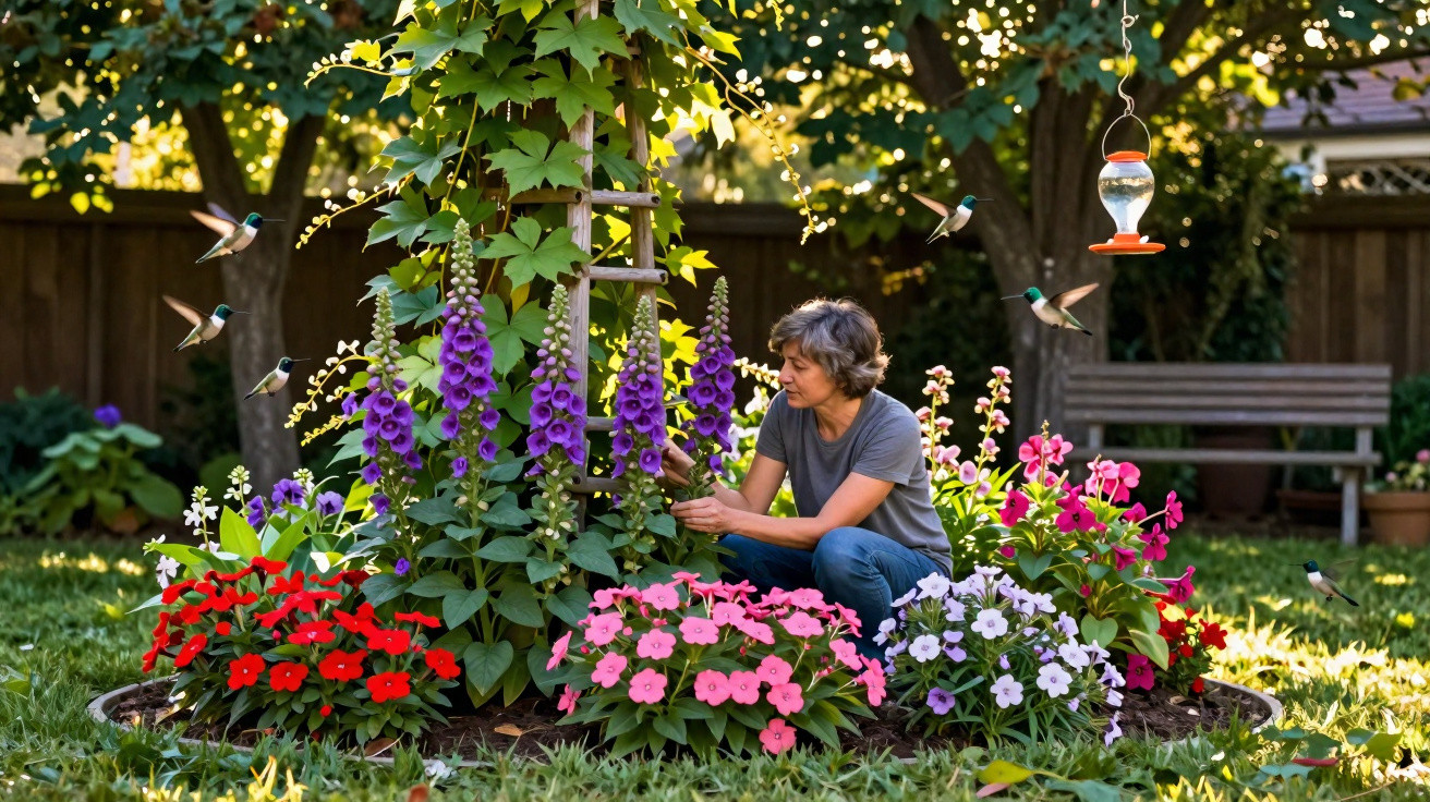 Mulher a cuidar de flores coloridas num jardim enquanto beija-flores voam à sua volta.