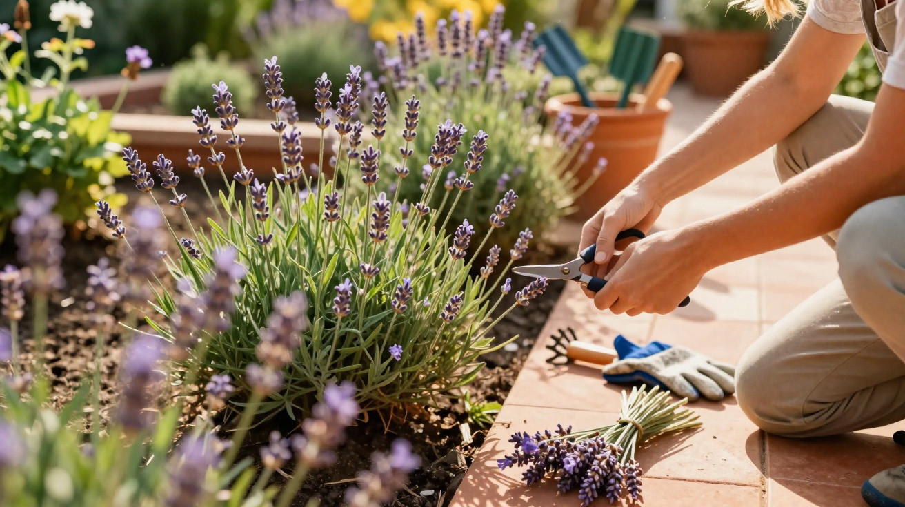 Pessoa a cortar flores de lavanda num jardim ensolarado, com ferramentas de jardinagem ao lado.