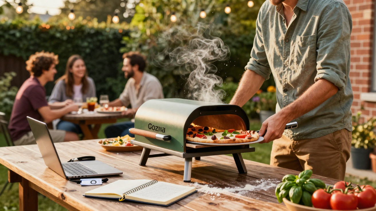 Pessoa a retirar pizza quente de forno portátil ao ar livre com grupo de amigos a juntarem-se ao fundo.
