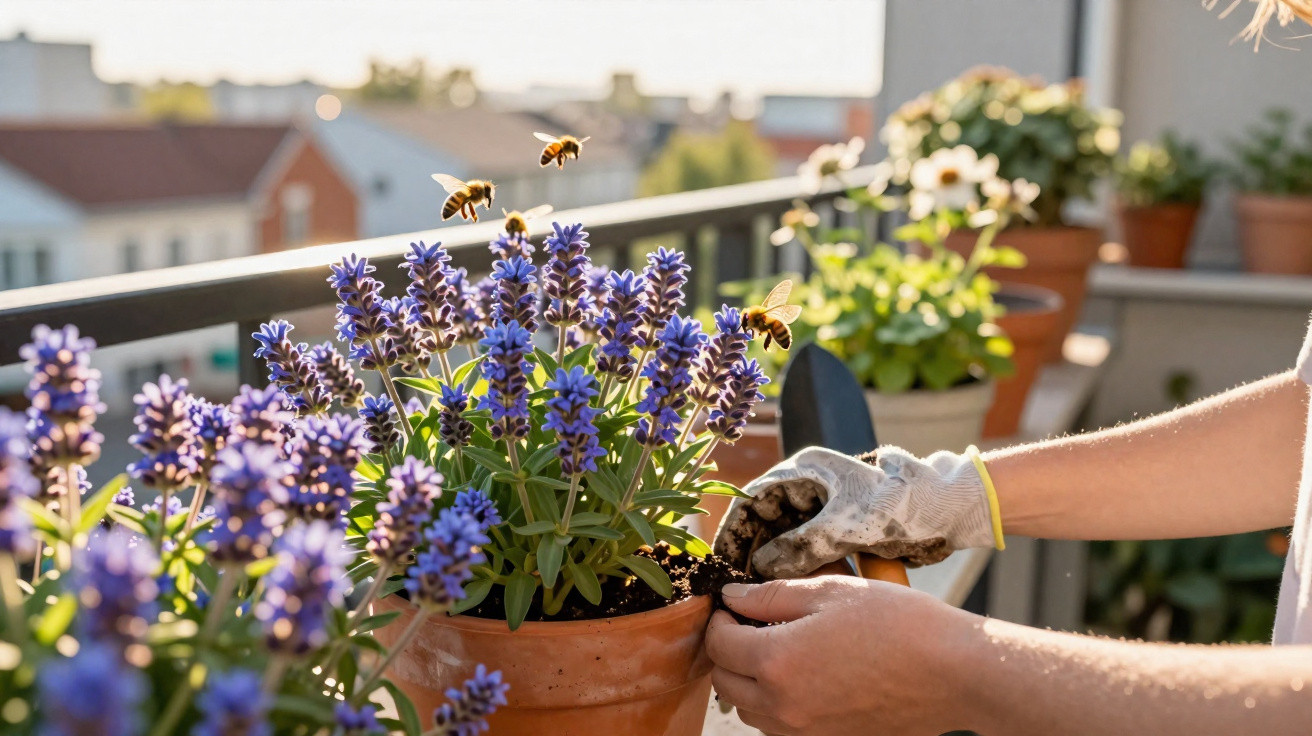 Mãos com luvas a cuidar de plantas de lavanda num vaso, com abelhas a voar ao sol numa varanda.
