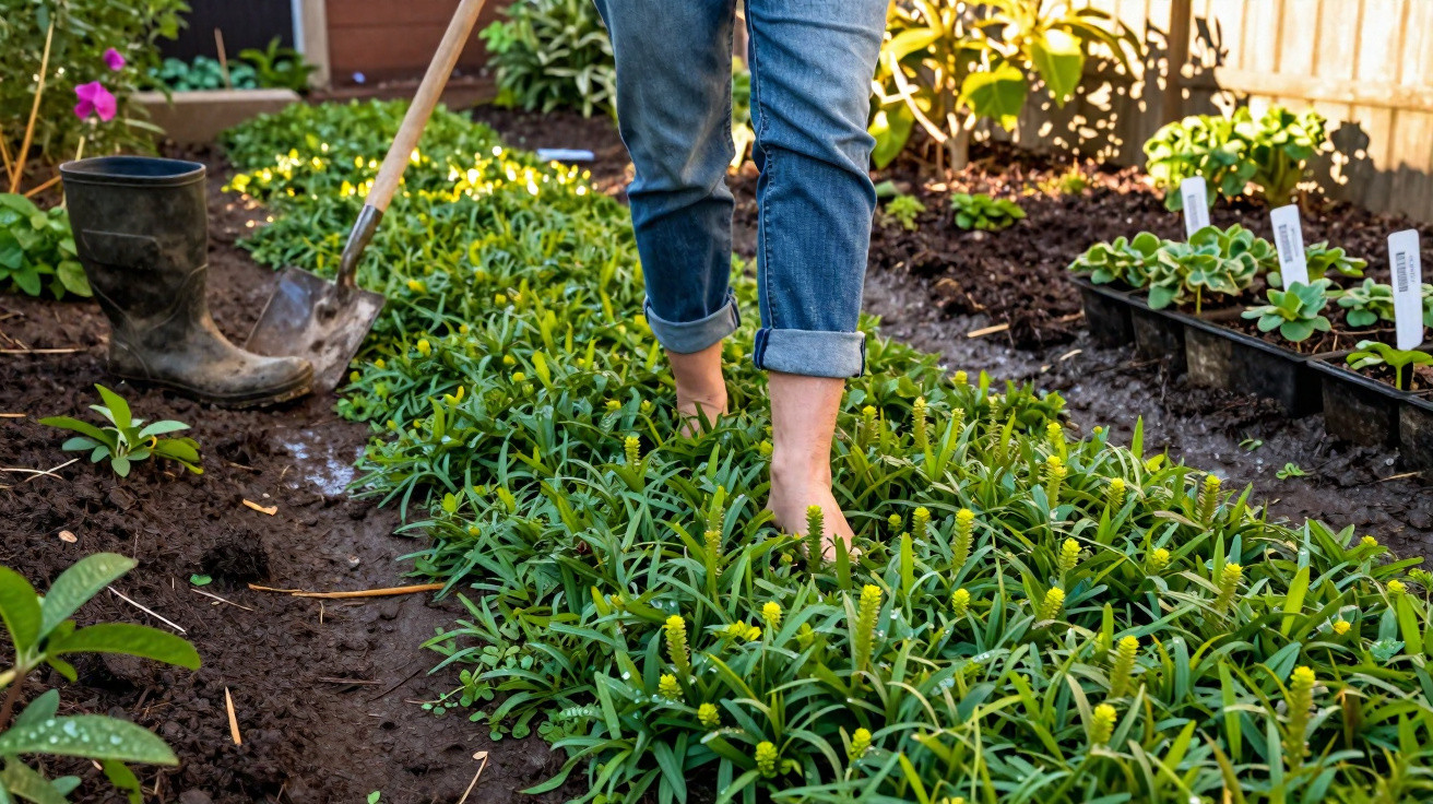 Pessoa descalça a cuidar de plantas num jardim, com botas e enxada pousadas no chão.