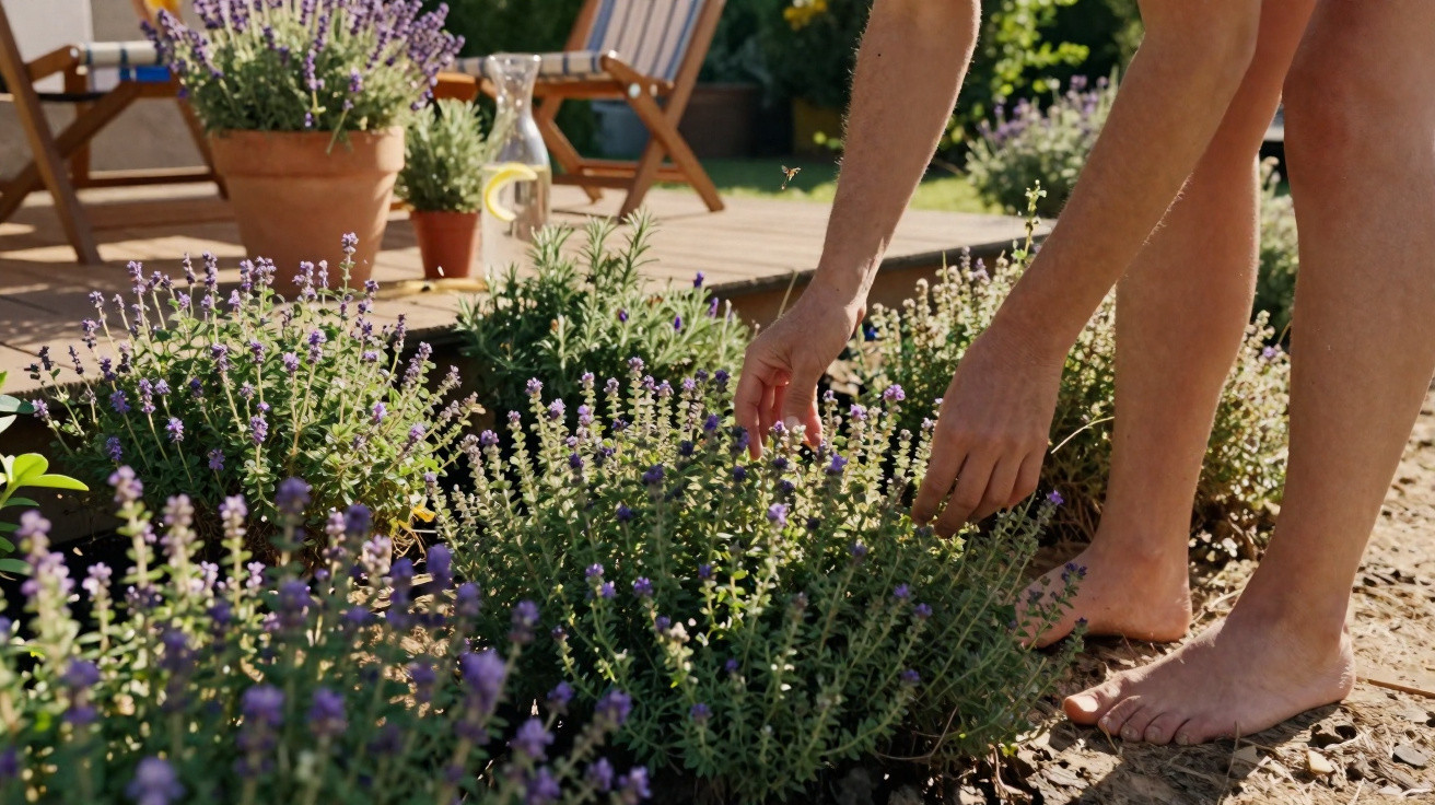 Pessoa descalça a colher lavanda num jardim com vasos e cadeiras ao fundo numa manhã ensolarada.