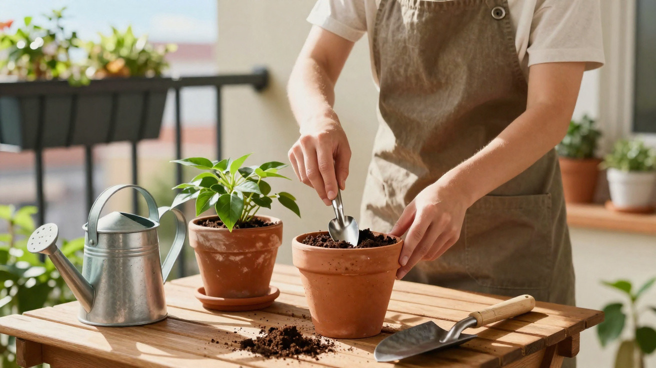Pessoa a transplantar planta em vaso de barro numa mesa com regador e pazinha ao lado.