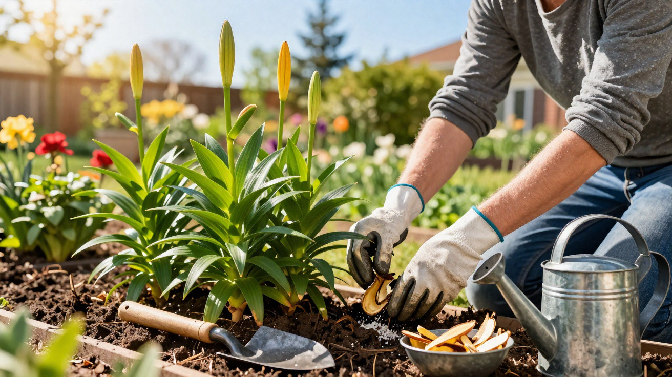Pessoa a cuidar de plantas num jardim, usando luvas e colocando fertilizante no solo.