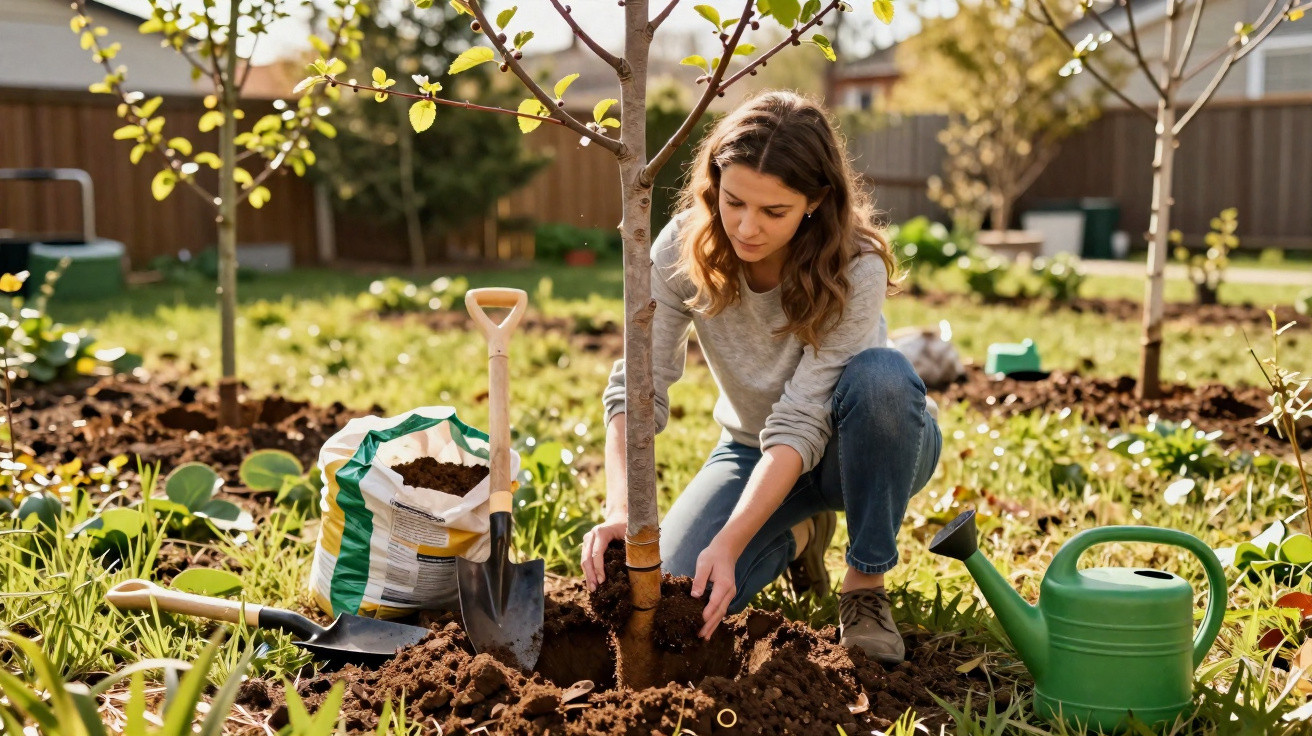 Mulher a plantar uma árvore num jardim ensolarado com regador, pá e saco de terra à vista.