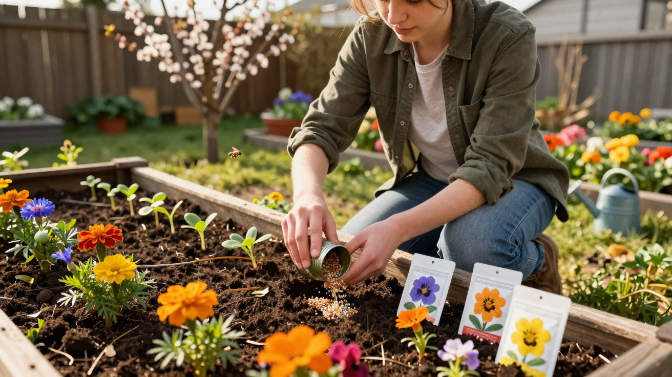 Pessoa a semear no canteiro de flores num jardim ensolarado com sementes e pacotes à frente.