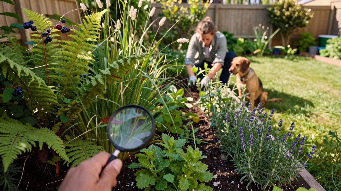 Pessoa a olhar plantas com lupa enquanto outra cuida do jardim com cão sentado na relva ao fundo.