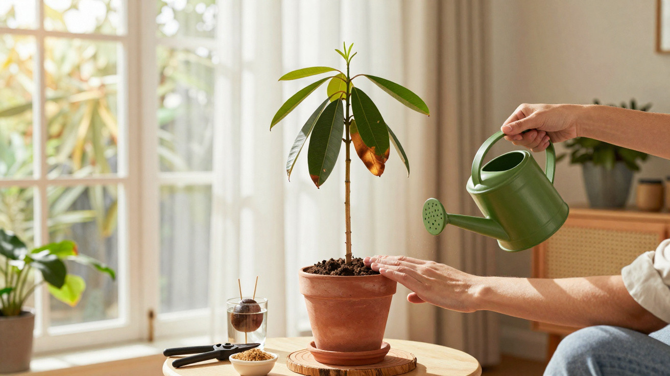 Pessoa a regar planta em vaso de barro num ambiente interior iluminado pela luz natural.