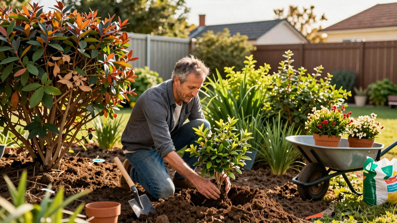 Homem adulto a plantar arbusto num jardim doméstico com carrinho de mão e ferramentas.