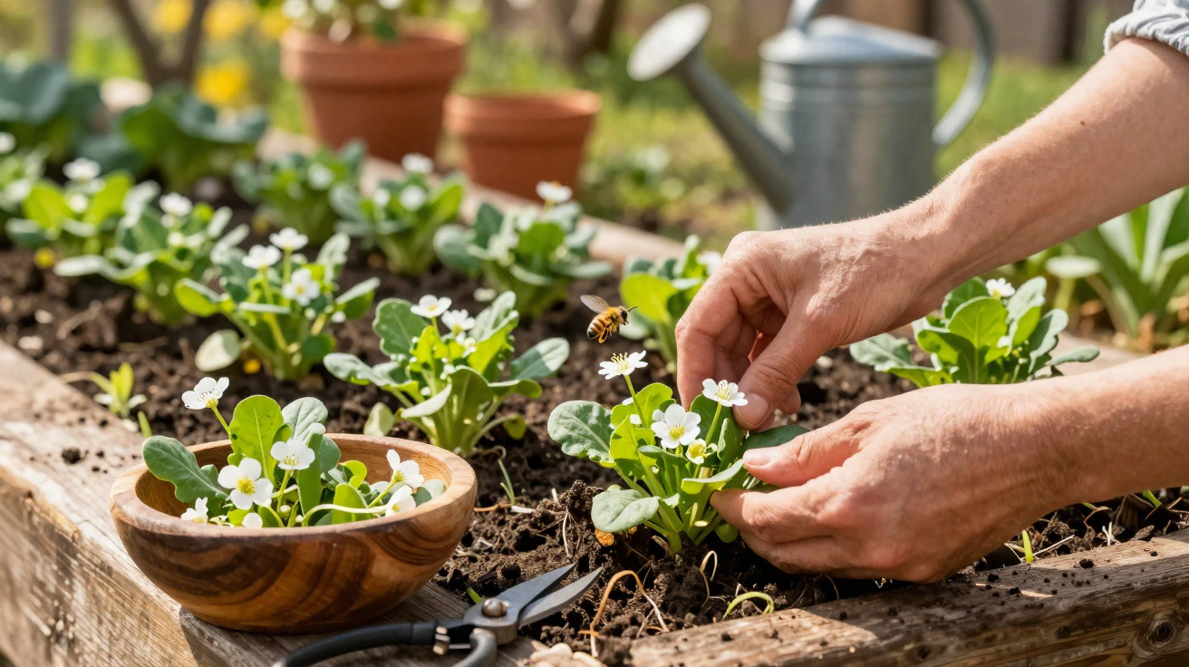 Mãos a cuidar de plantas com flores brancas numa horta elevada, com ferramentas e regador ao fundo.