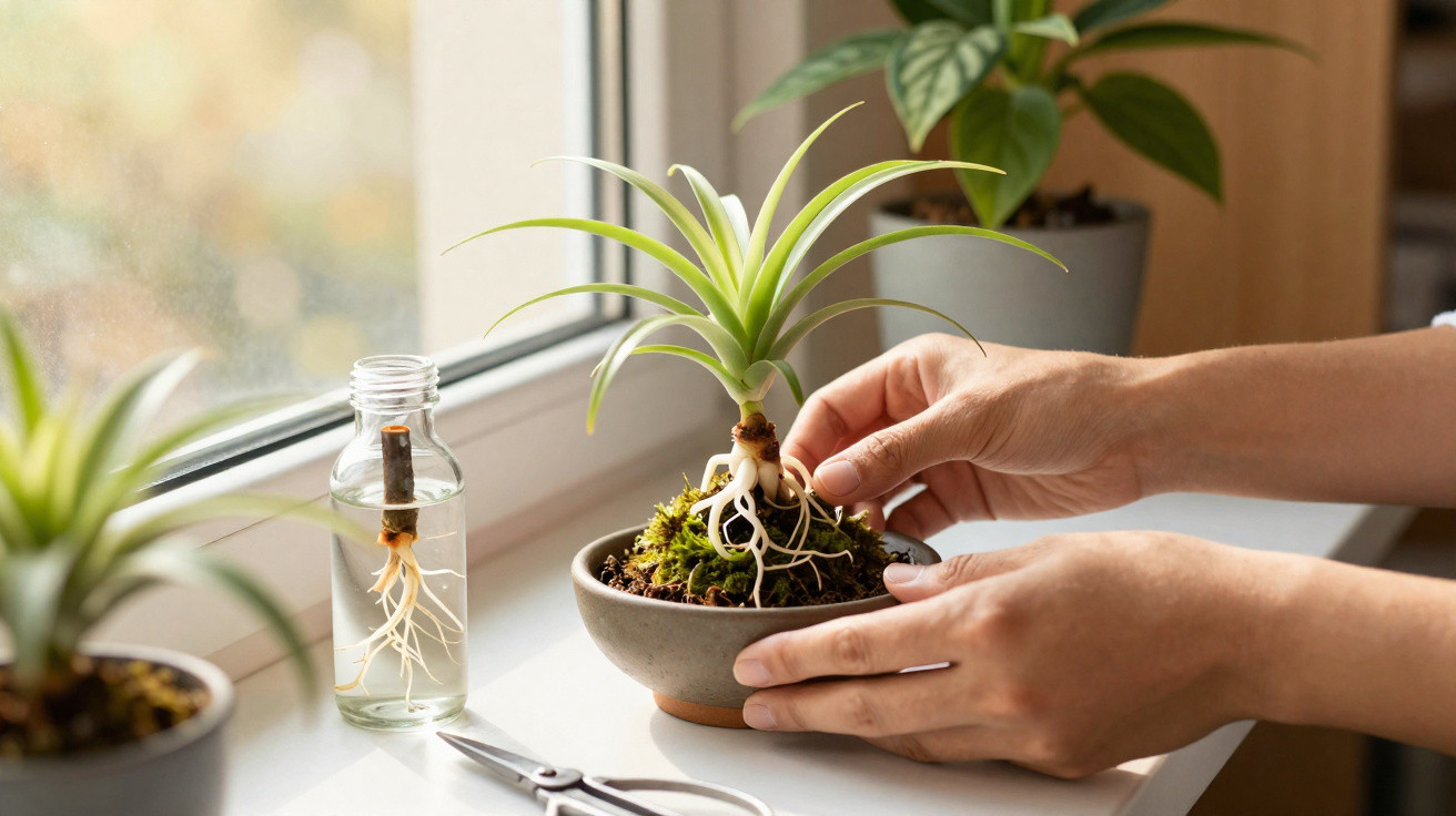 Mãos a cuidar de planta suculenta em vaso cinza junto a frasco com outra planta em crescimento na janela.