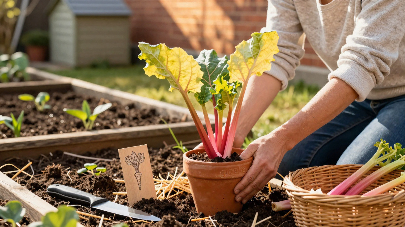 Pessoa a transplantar planta de acelga com pernas de vidro rosa num vaso terraço no jardim.