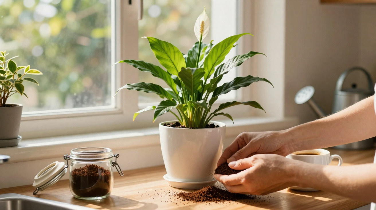 Mãos a colocar terra numa planta em vaso branco numa mesa junto a uma janela com jarra e café.