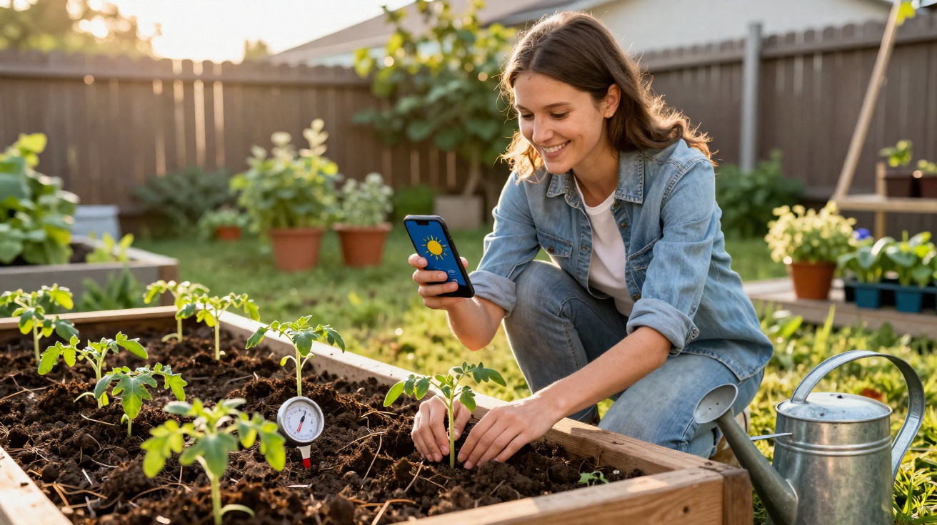 Jovem sorridente a cuidar de plantas numa estufa enquanto consulta o telemóvel.