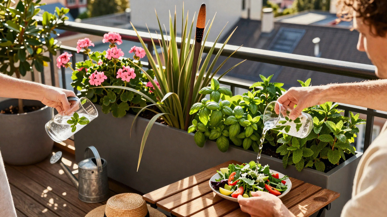 Duas pessoas regam plantas num terraço enquanto uma delas tempera uma salada com água e ervas.