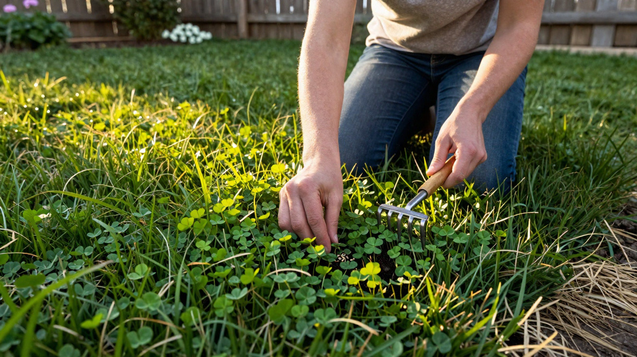 Pessoa a fazer jardinagem com mini ancinho numa área com ervas daninhas e trevos.