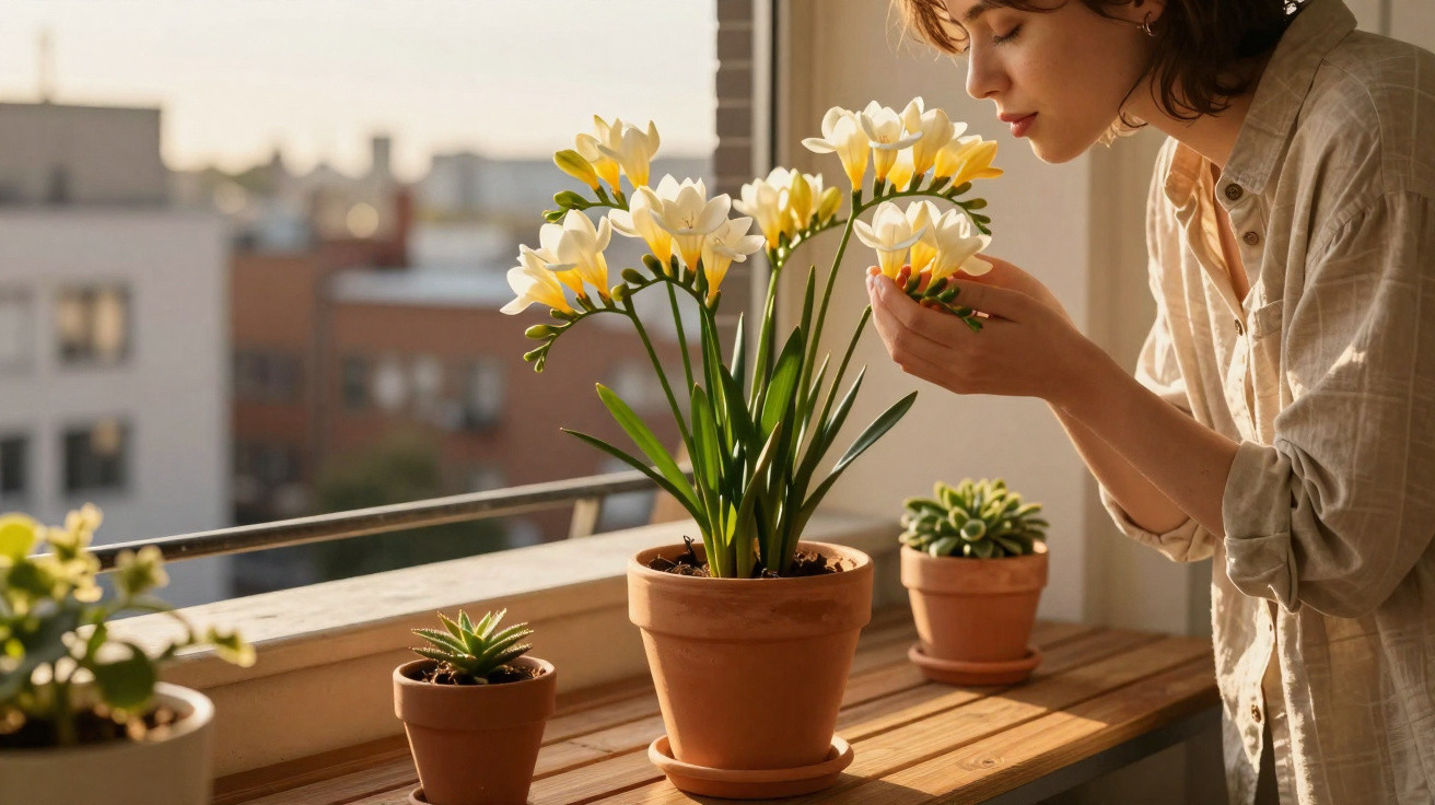 Mulher cheira flores amarelas em vaso de barro numa varanda com luz natural ao amanhecer.