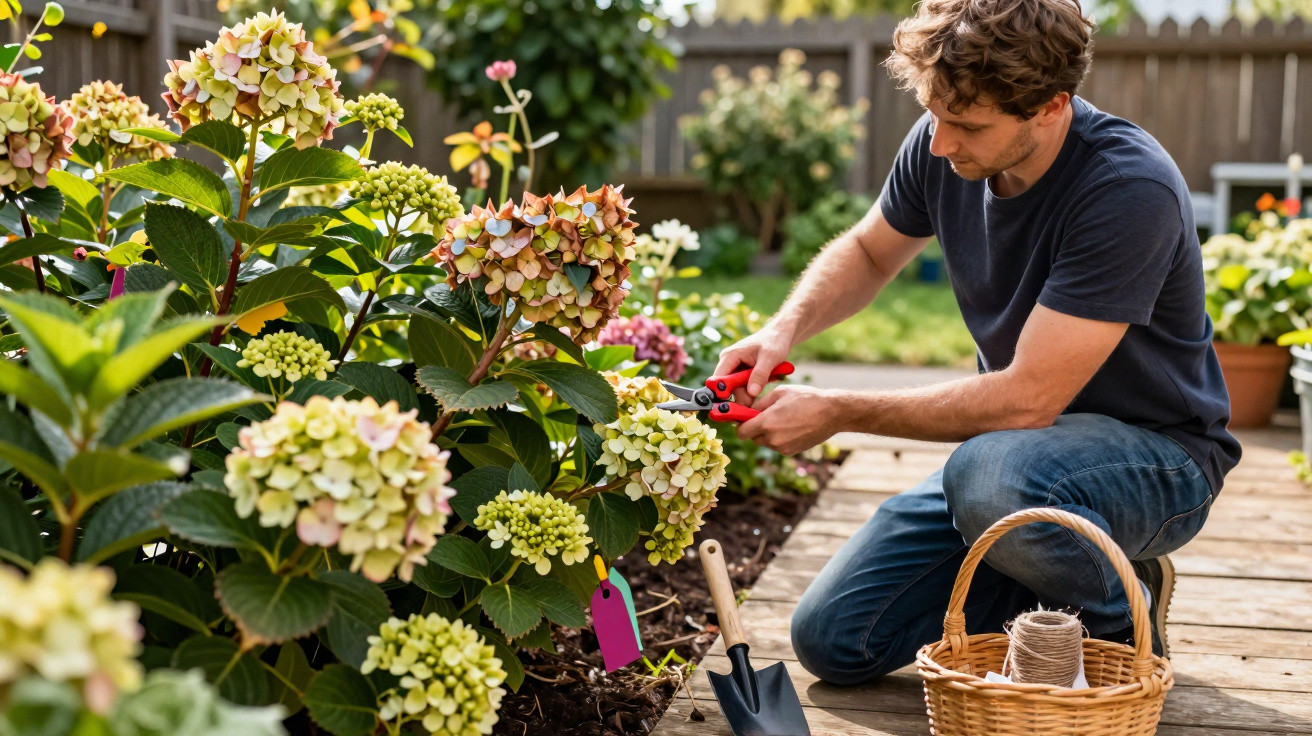 Homem a podar flores coloridas num jardim com ferramentas de jardinagem e cesto ao lado.