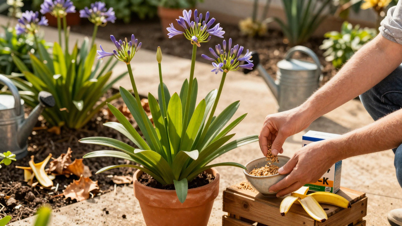 Pessoa a aplicar fertilizante em planta com flores lilases num vaso de barro no jardim.