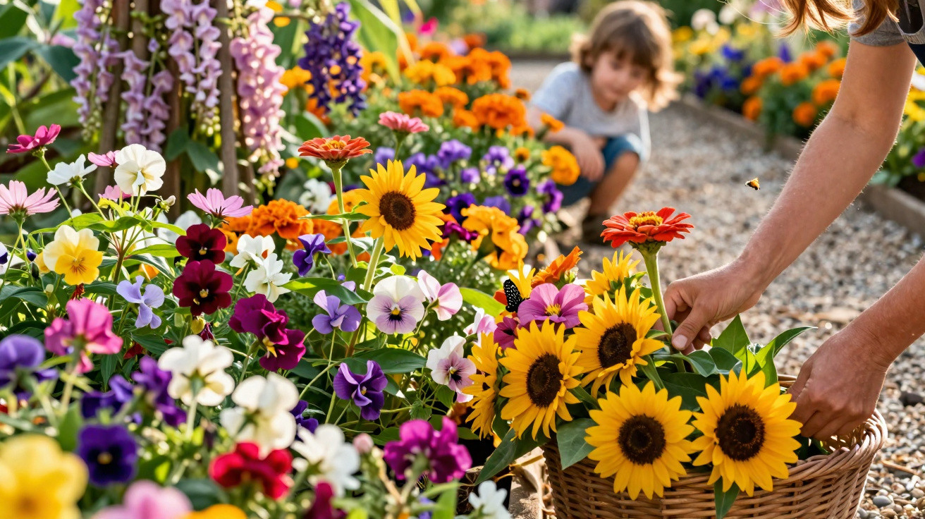 Jardim colorido com várias flores e uma criança e uma adulta a cuidar das plantas num passeio de cascalho.