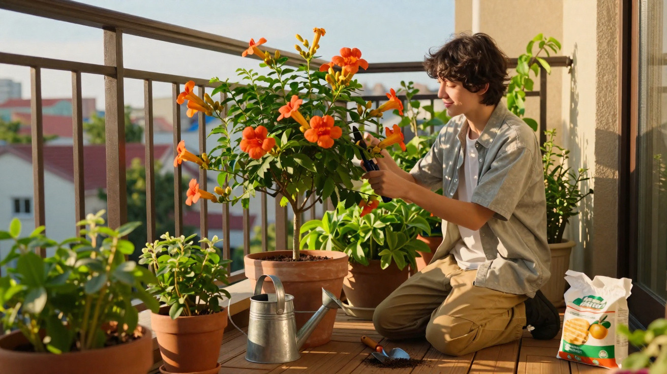 Jovem a cuidar de plantas em vasos num terraço ensolarado com flores laranja e regador metálico.