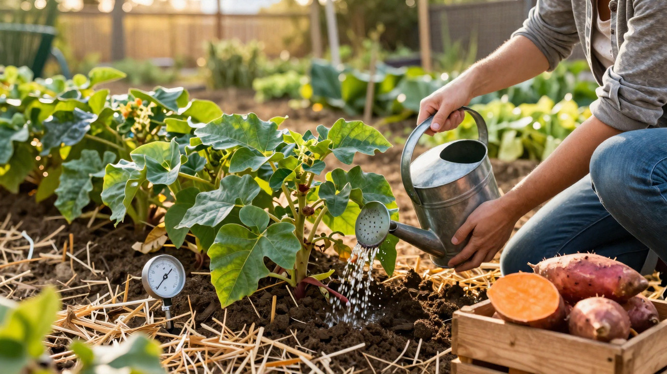 Pessoa a regar uma planta num jardim, com batatas-doces num cesto ao lado e um medidor de humidade no solo.