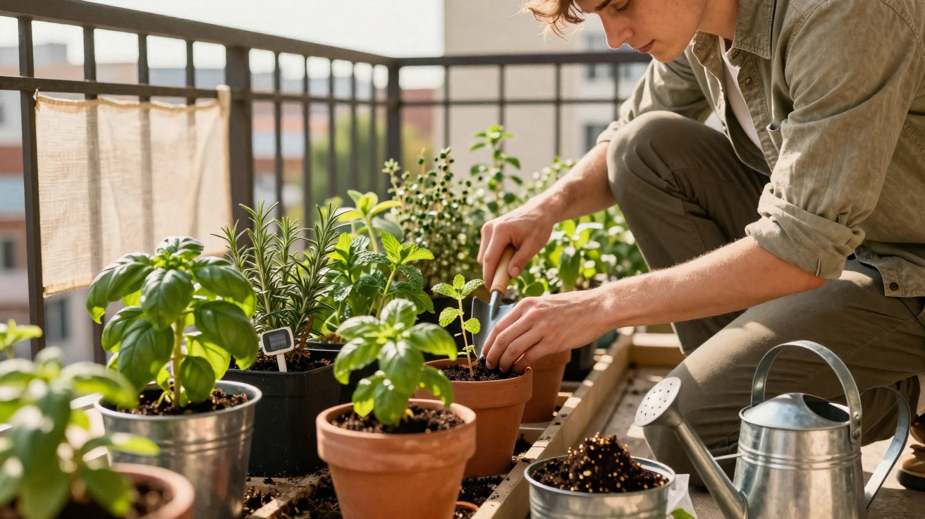 Pessoa a cuidar de plantas em vasos numa varanda com regador e terra.