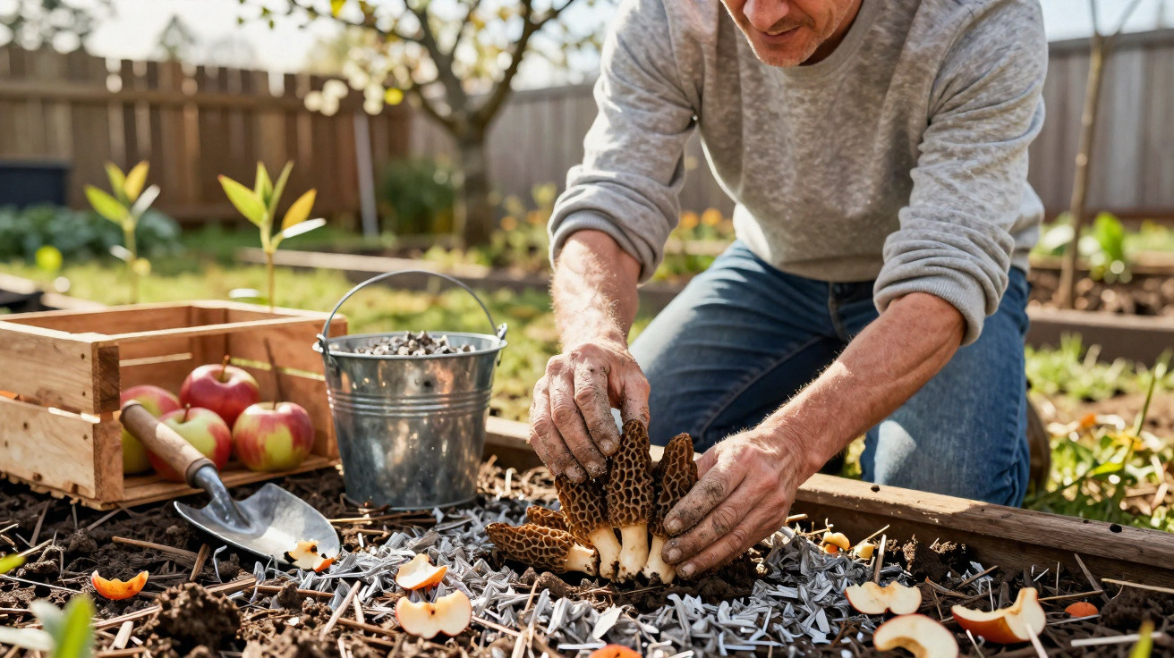 Homem a apanhar cogumelos maislados no jardim, com maçãs e utensílios de jardinagem ao lado.