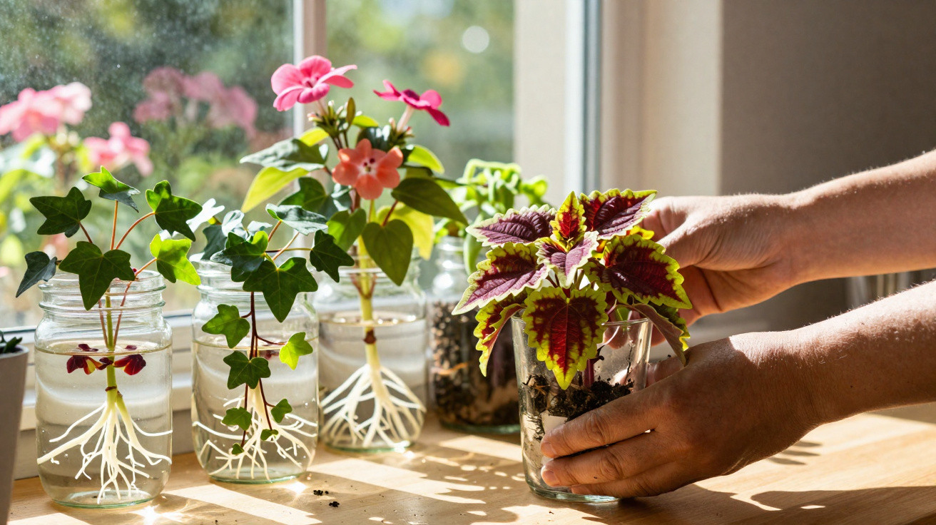 Mãos a transplantar planta colorida para copo com terra, várias plantas com raízes em água sobre mesa junto a janela.