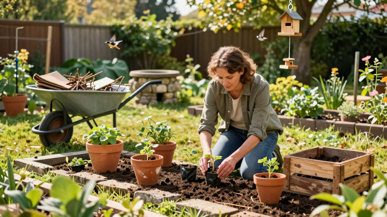 Mulher a plantar mudas num jardim com vasos, carrinho de mão e comedouro de pássaros ao fundo.