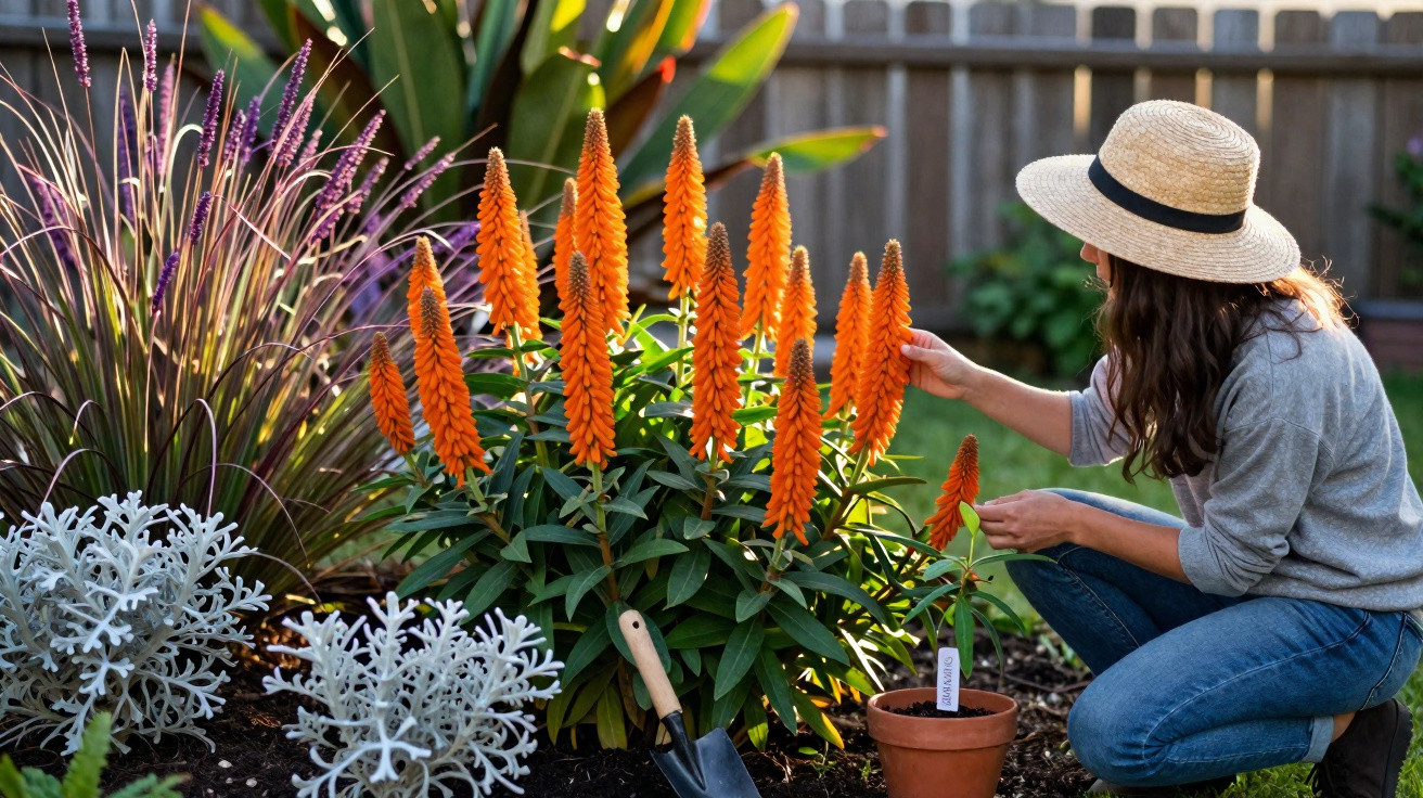 Mulher de chapéu a cuidar de plantas com flores laranja num jardim, rodeada por várias espécies.