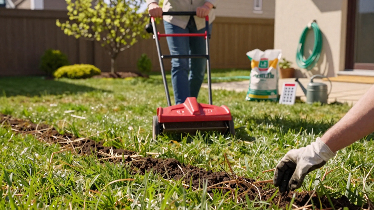 Pessoa a usar um aerador manual num relvado com outra pessoa a plantar sementes de relva com luvas.