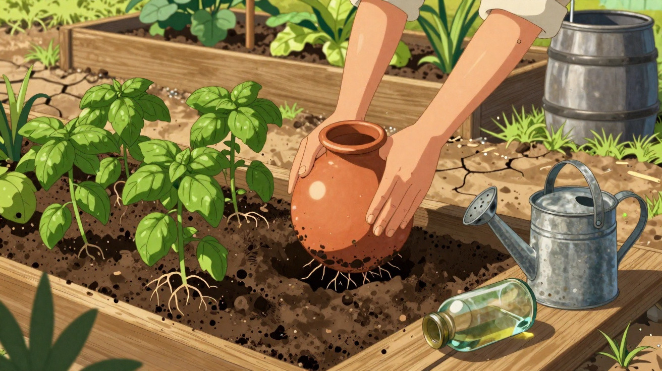 Mãos a plantar uma muda em canteiro com regador e garrafa ao lado num jardim ensolarado.