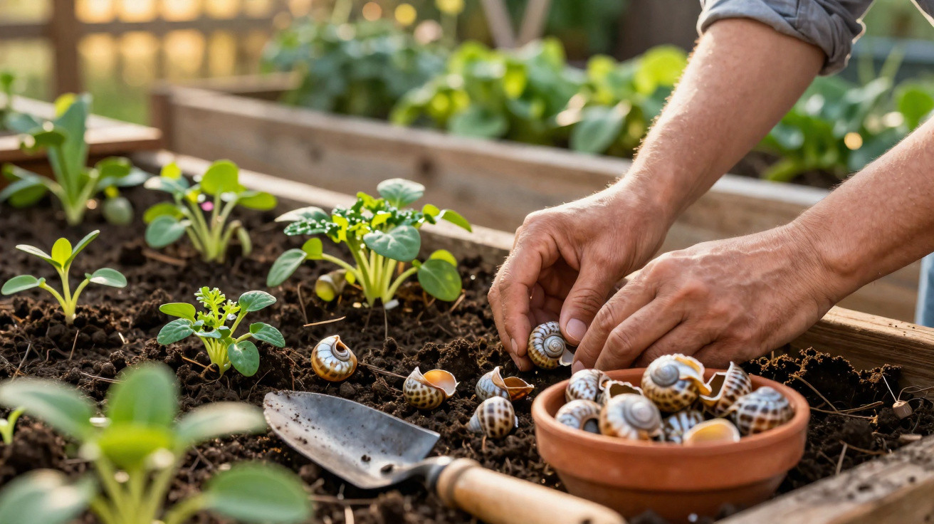 Mãos a recolher caracóis numa horta com plantas jovens e uma colher de jardim em madeira e metal.