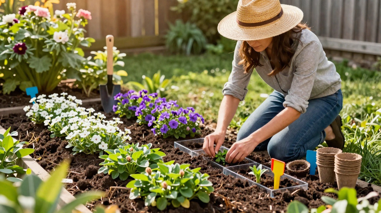 Mulher de chapéu a plantar florezinhas em canteiros de terra num jardim ao ar livre.