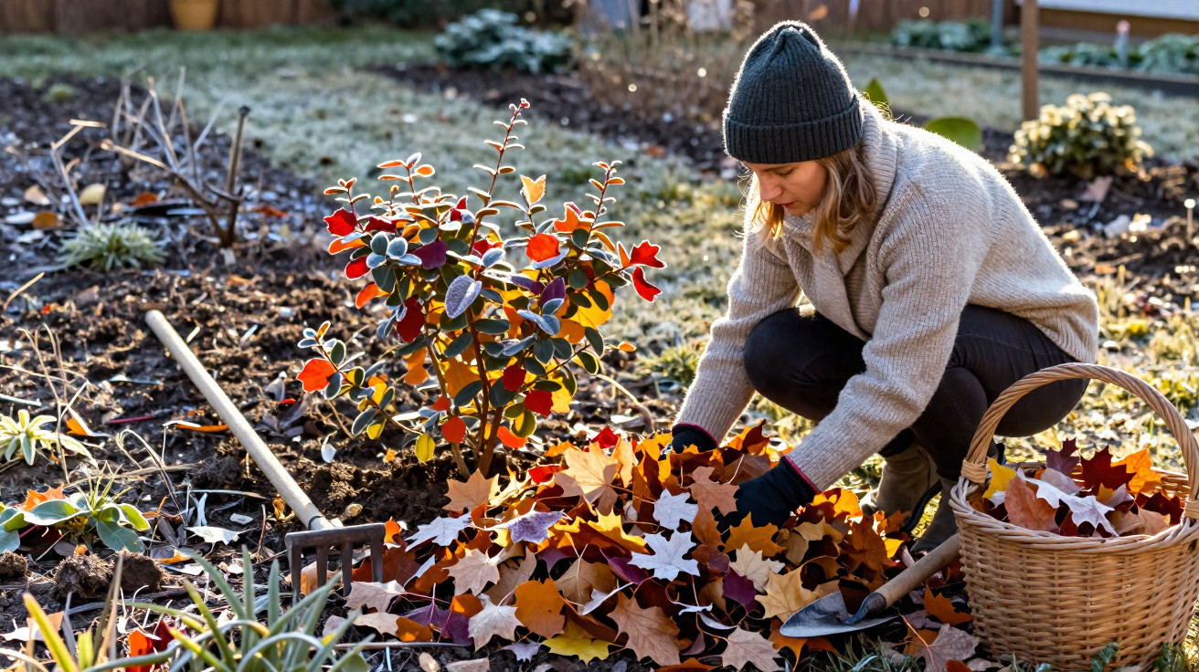 Mulher com gorro a apanhar folhas de outono numa horta ao nascer do sol.